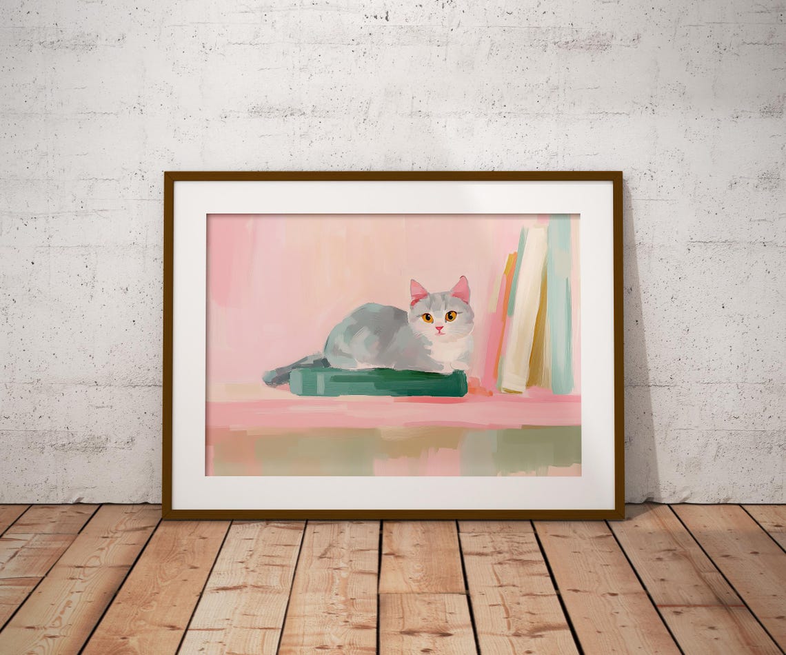 Gray Cat Sleeping On Green Book Cozy Library Cat Art Wall Print - Image 2