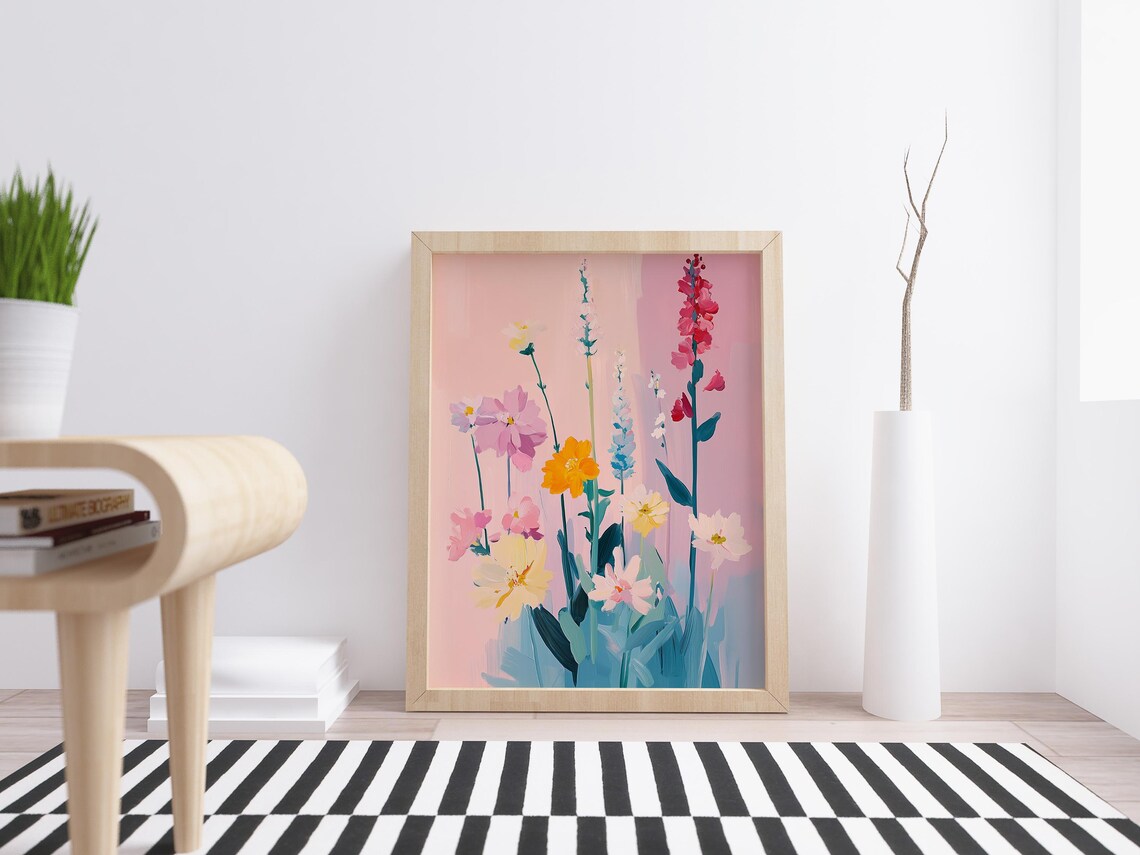 Colorful Wildflower Bouquet Pink Background Spring Floral Art Poster - Image 2