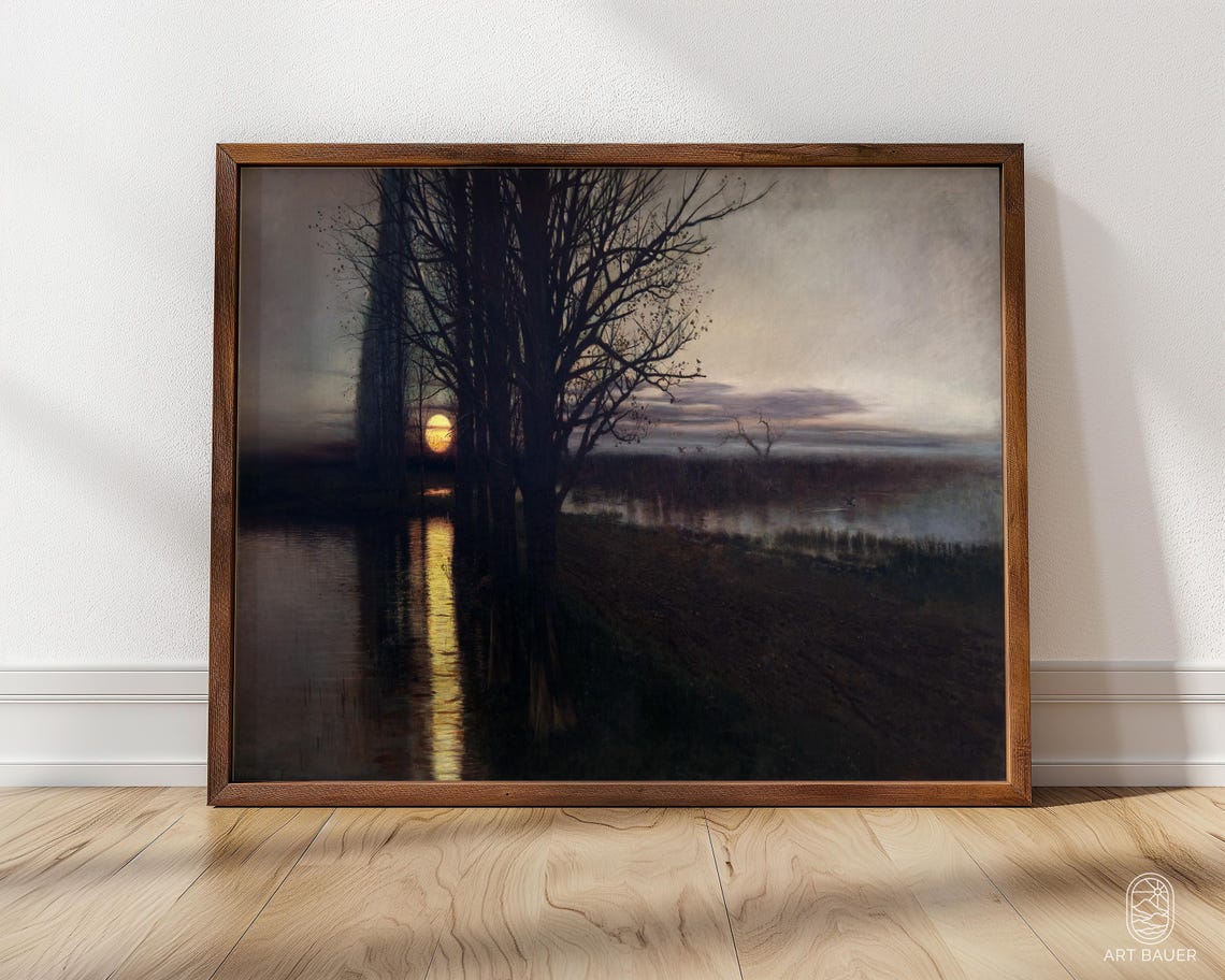 Moonrise Over River Bare Trees Misty Night Water Moonlight Art Poster - Image 4