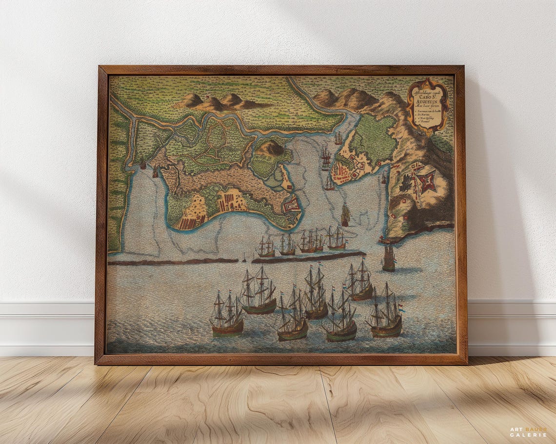 Cabo St Augustin 1651 Antique Map Brazil Bay Nautical Chart Wall Art