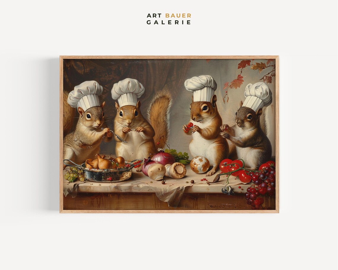 Cute Squirrels In Chef Hats Preparing Food Funny Kitchen Wall Art Poster