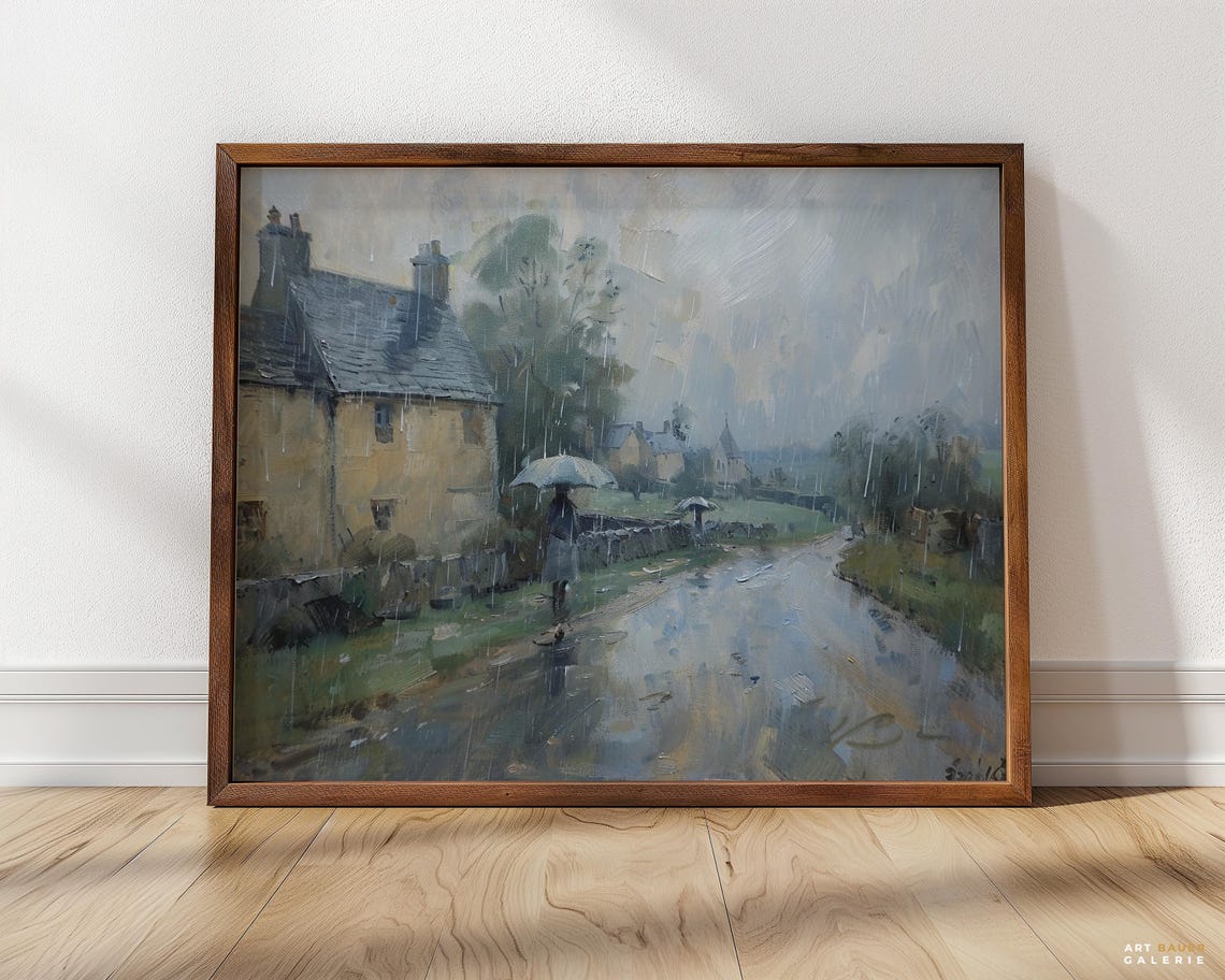 Rainy Cotswolds Country Road Stone Cottage Umbrella Countryside Poster - Image 4