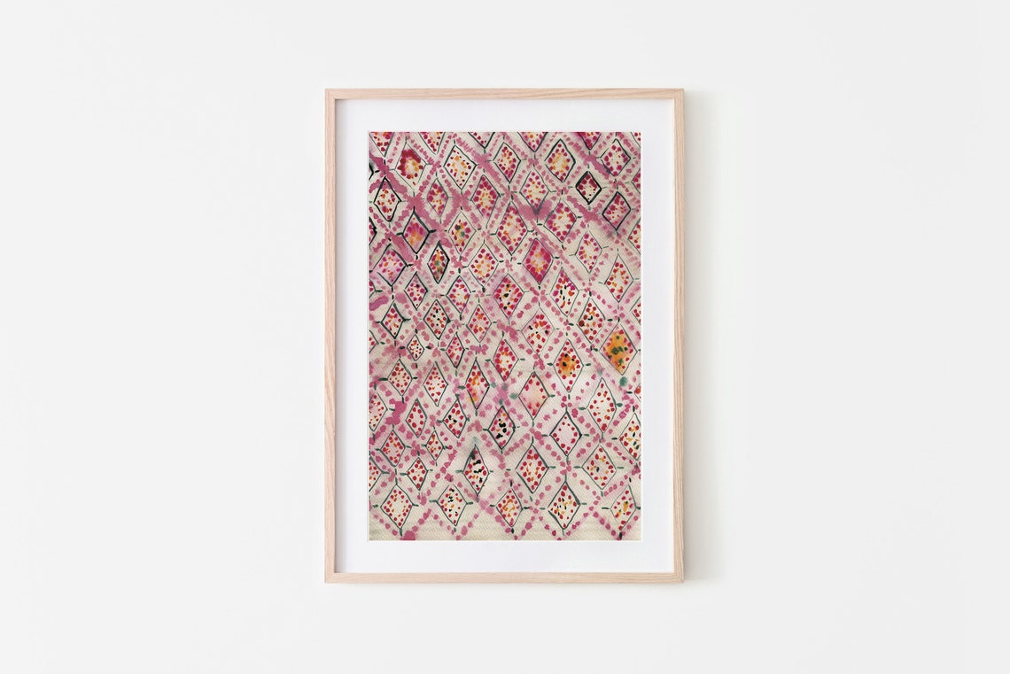 Pink Moroccan Diamond Lattice Pattern Boho Watercolor Wall Art