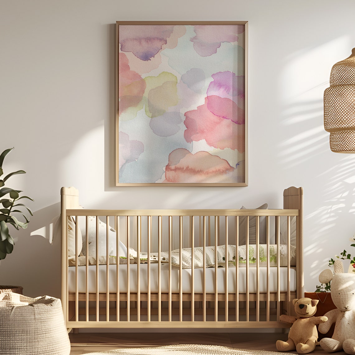 Soft Pastel Watercolor Cloud Shapes Pink Blue Abstract Wall Art - Image 3