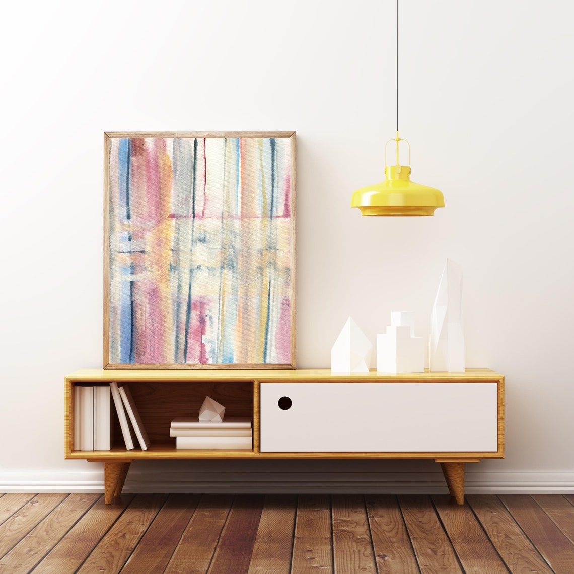 Pastel Watercolor Vertical Stripes Soft Pink Blue Yellow Wall Art - Image 2