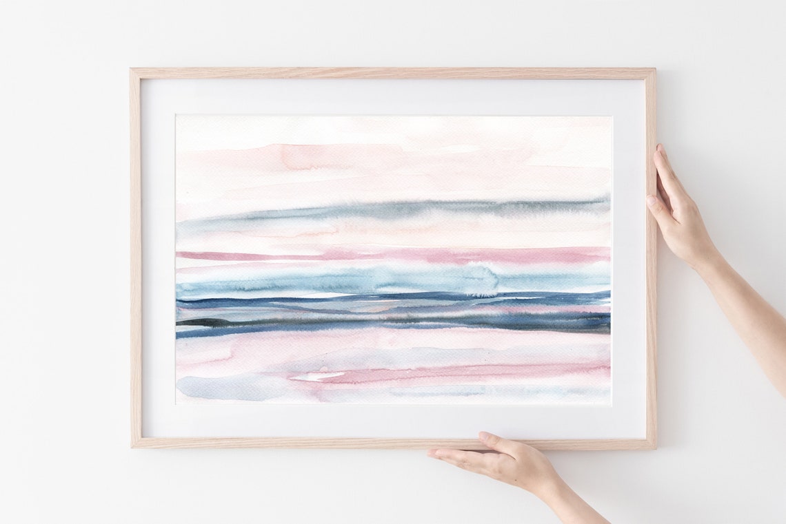 Pink Blue Pastel Striped Watercolor Seascape Horizon Calm Art Print