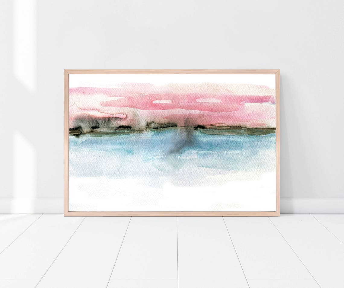 Abstract Pink And Blue Watercolor Horizon Minimalist Wall Art - Image 2