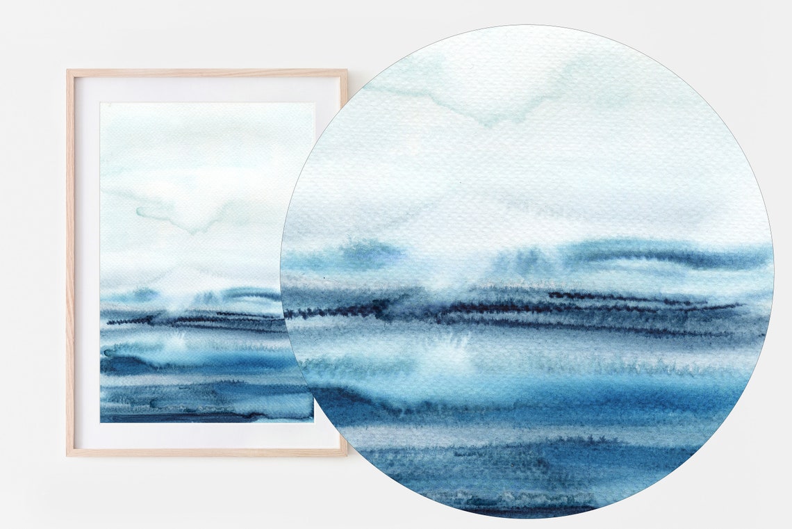 Blue Abstract Watercolor Poster Ocean Waves Minimal Coastal Decor Art - Image 2