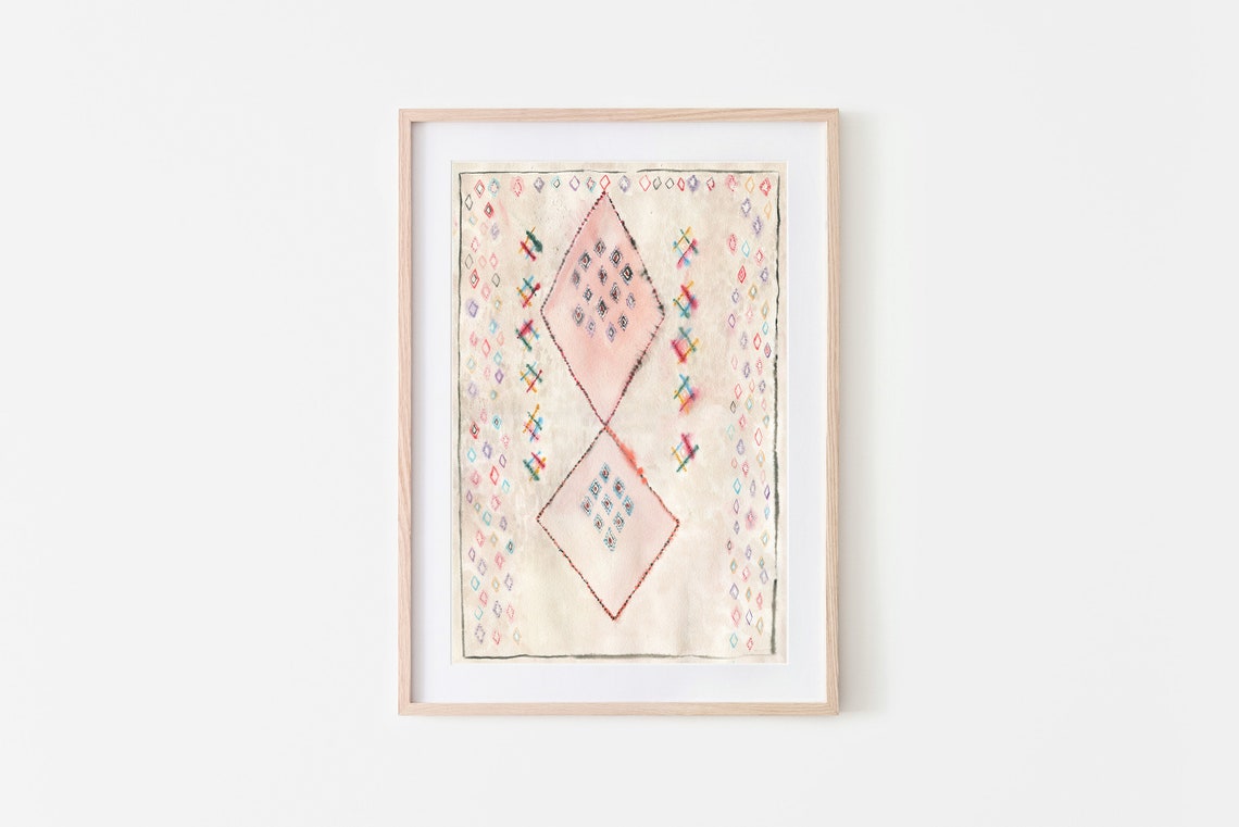 Pink Moroccan Rug Diamond Pattern Boho Textile Watercolor Wall Art