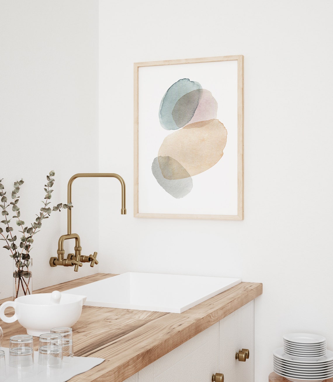 Abstract Neutral Stacked Watercolor Blobs Beige Blush Sage Print - Image 3