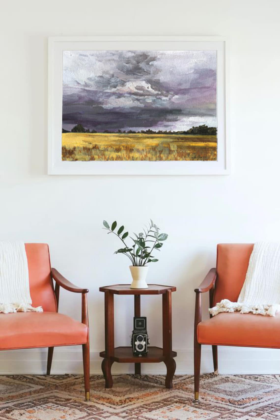 Golden Yellow Field Under Stormy Purple Sky Acrylic Landscape Poster - Image 2