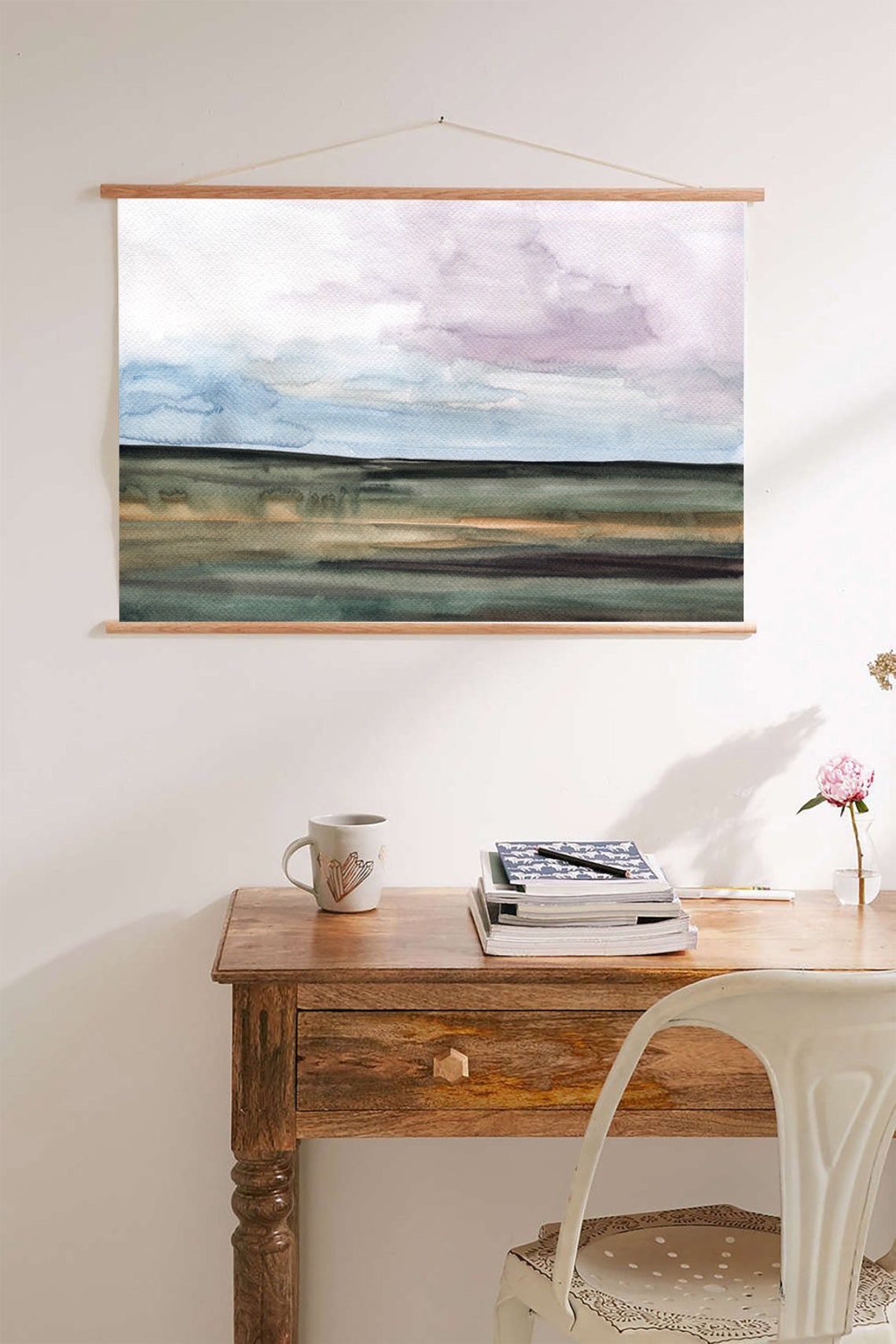 Muted Watercolor Landscape Rolling Hills Purple Sky Art Poster - Image 2