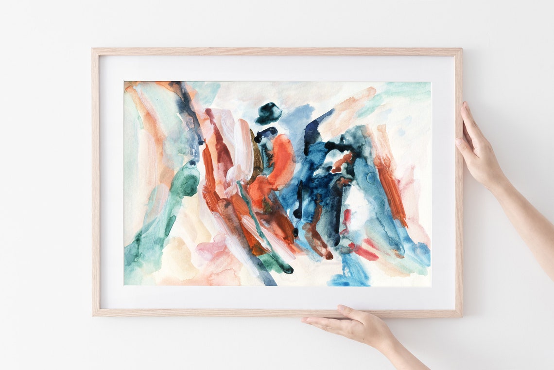 Abstract Watercolor Bold Strokes Blue Red Teal Modern Art Wall Art