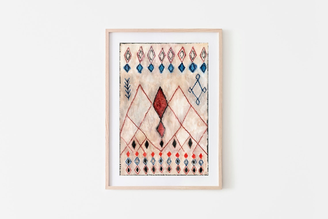Moroccan Rug Style Poster Tribal Diamond Pattern Beige Red Blue Art - Image 2