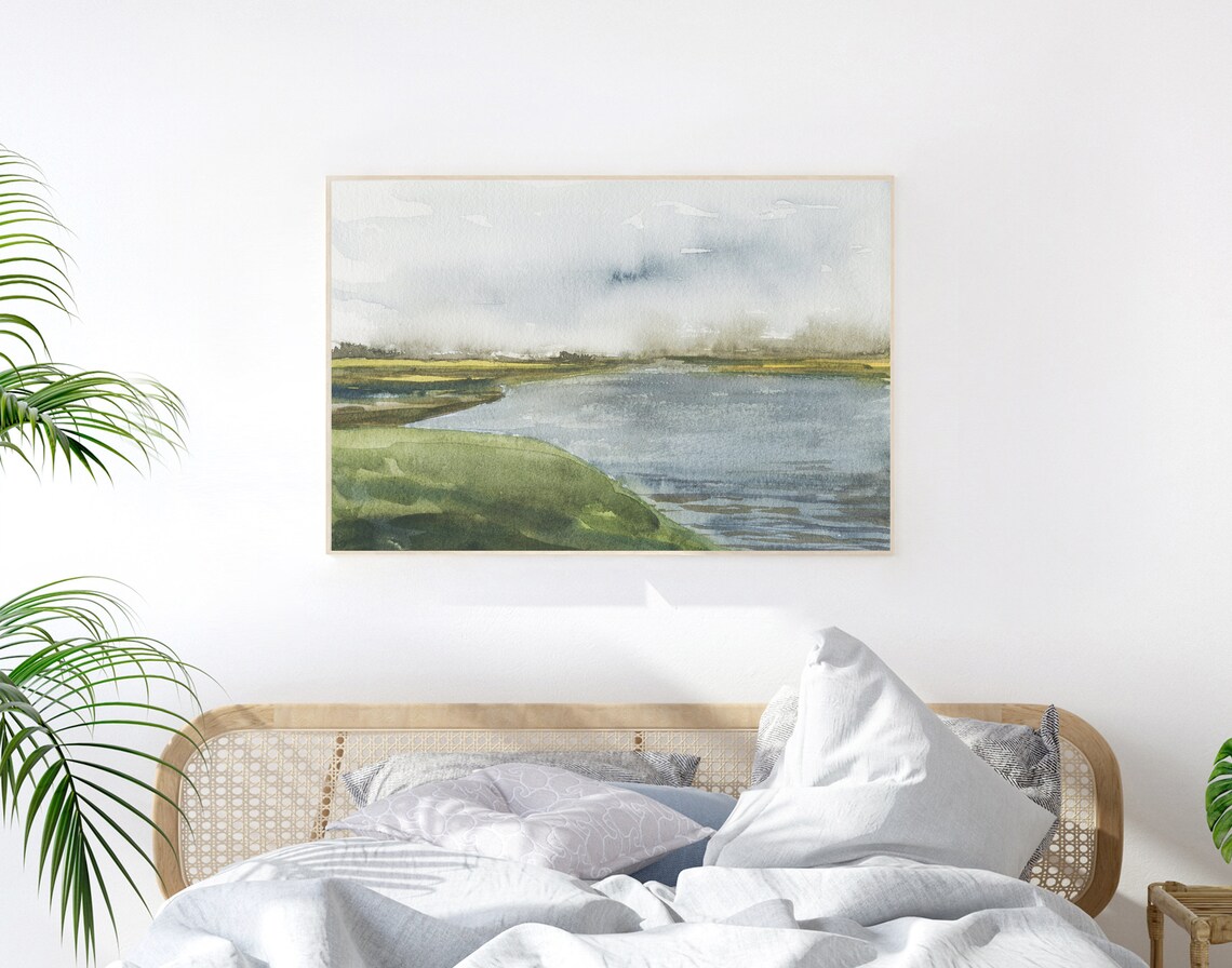 Misty Green Lake Watercolor Landscape Serene Nature Calm River Print - Image 3