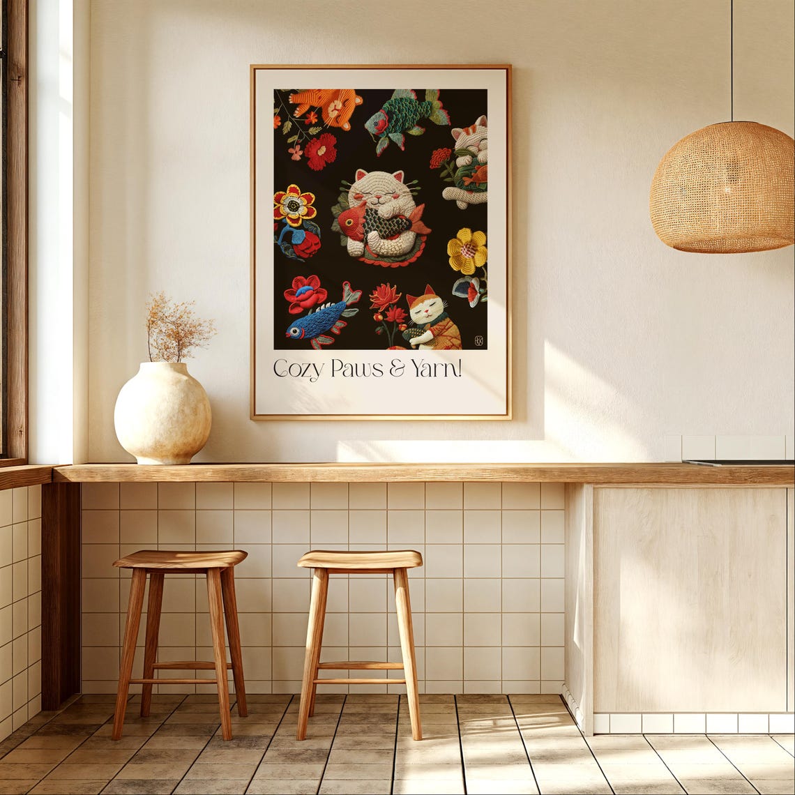 Cozy Paws Yarn Cats Embroidery Style Kittens Fish Floral Art Print - Image 2