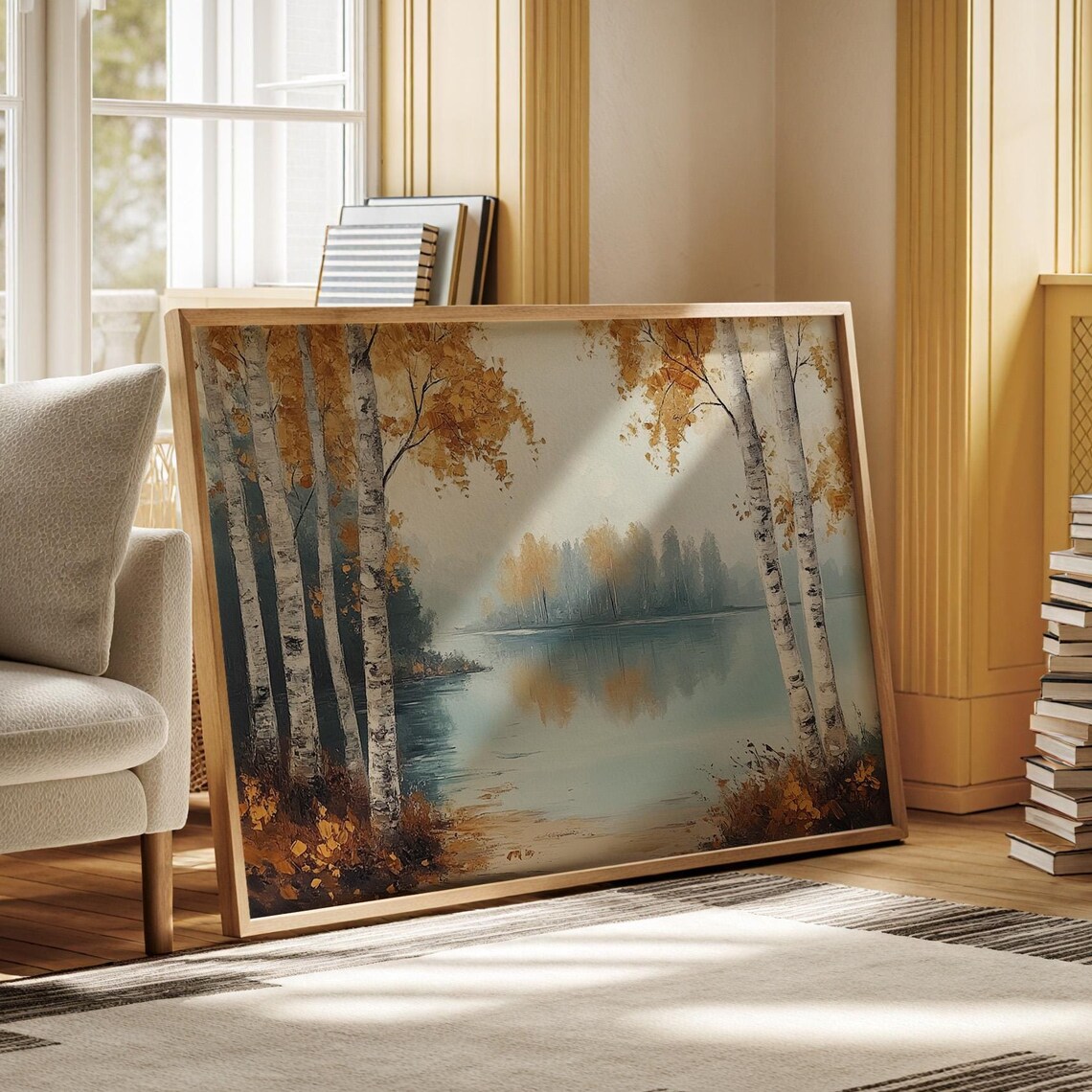 Autumn Birch Tree Landscape, Rustic Lake Scene