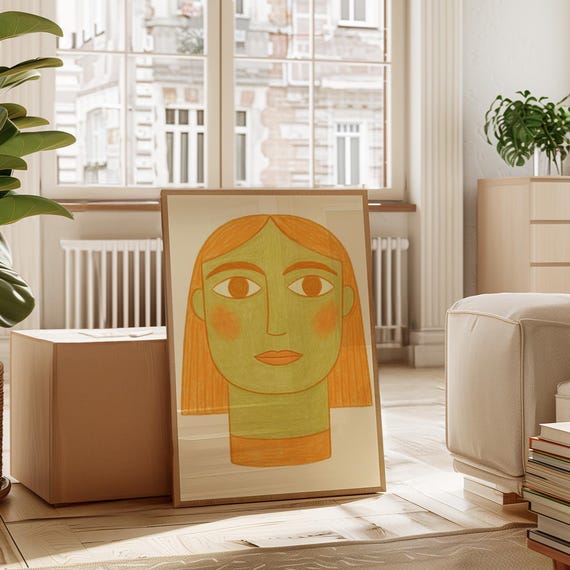 Abstract Face Portrait In Green And Orange Tones