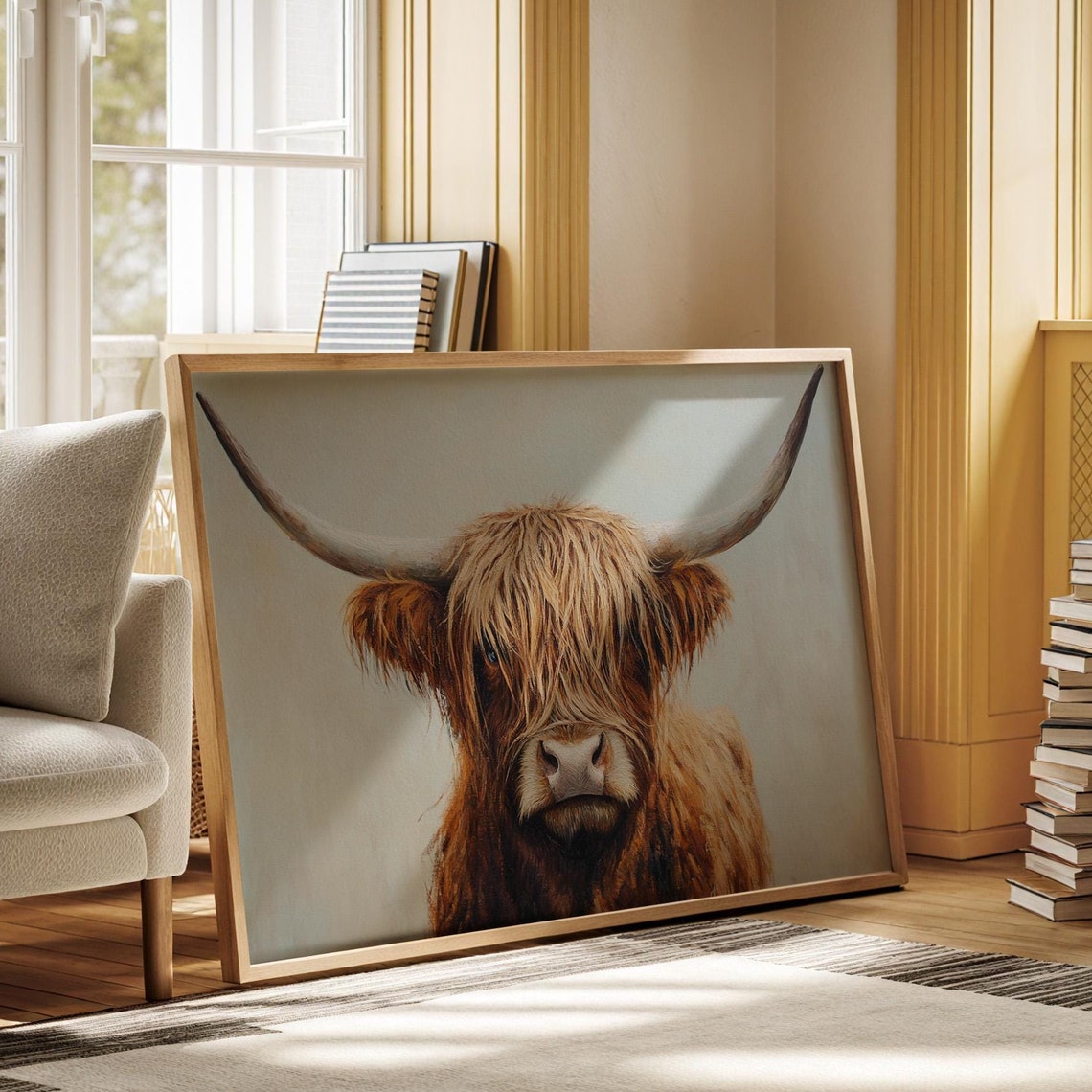 Highland Cow Wall Art Rustic Farmhouse Animal Decor Brown Highland Bull Painting Cozy Country Style Wall Art For Living Room