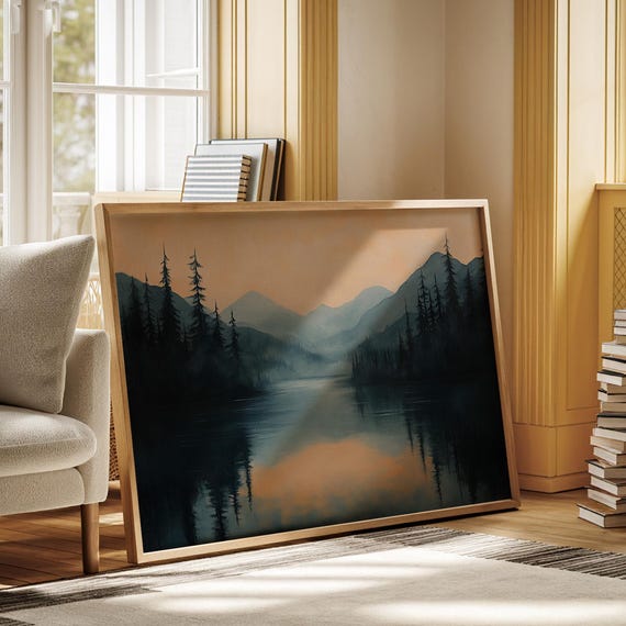 Misty Mountain Lake Dark Forest Reflection Art Moody Sunset Wall Print Serene Nature Landscape Calm Wilderness Decor