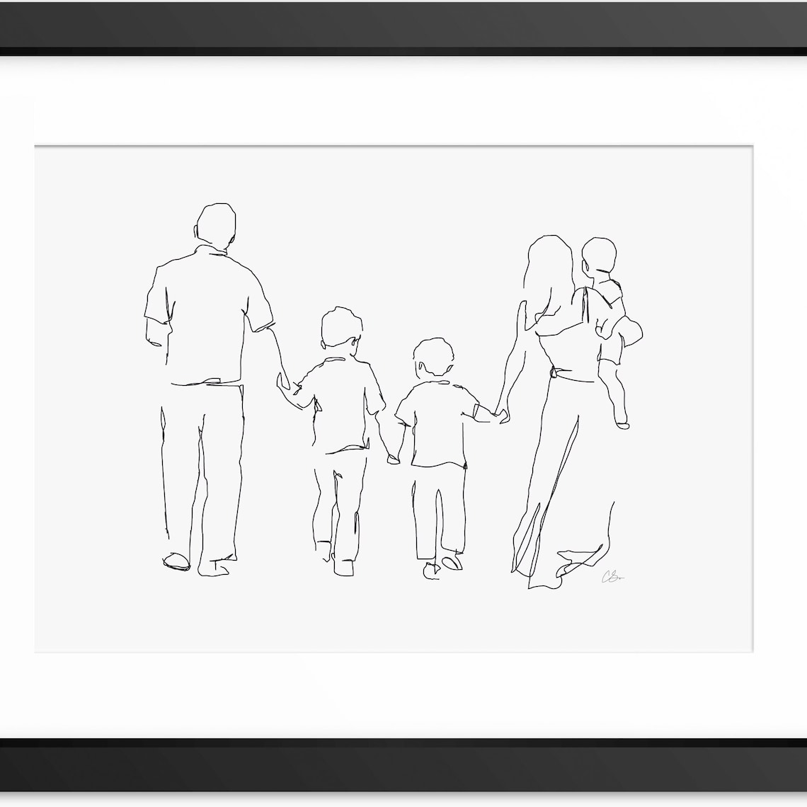 Family of Five Walking Away Holding Hands Minimalist Line Art Poster
