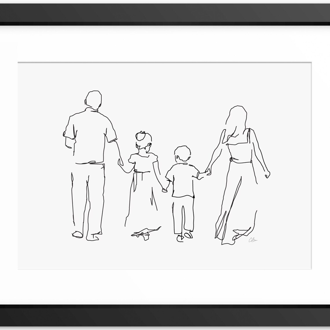 Family of Four Walking Away Together Hand in Hand Line Art Poster