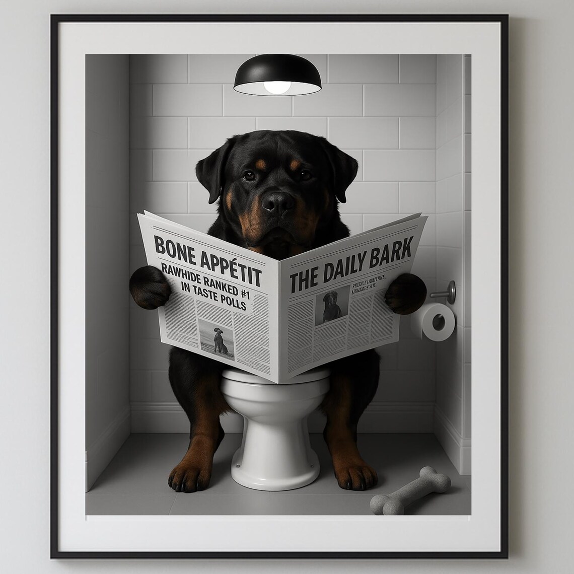 Rottweiler On Toilet Reading Newspaper Funny Dog Bathroom Humor Art Print