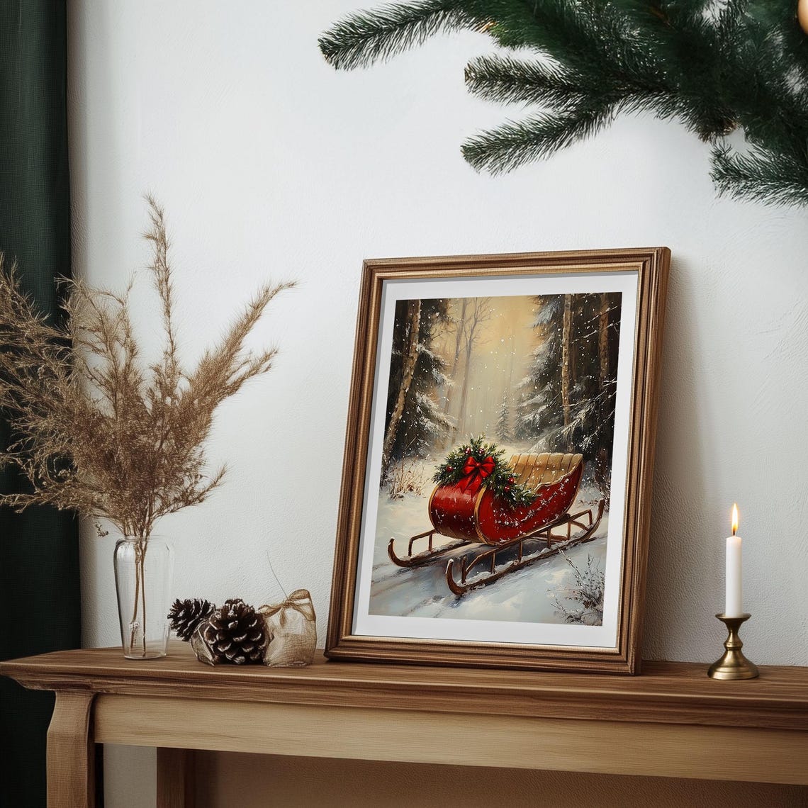 Red Christmas Sleigh in Snowy Forest Vintage Winter Scene Poster - Image 7