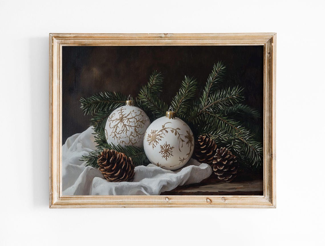 White Gold Christmas Ornaments Pinecones Rustic Still Life Poster - Image 4
