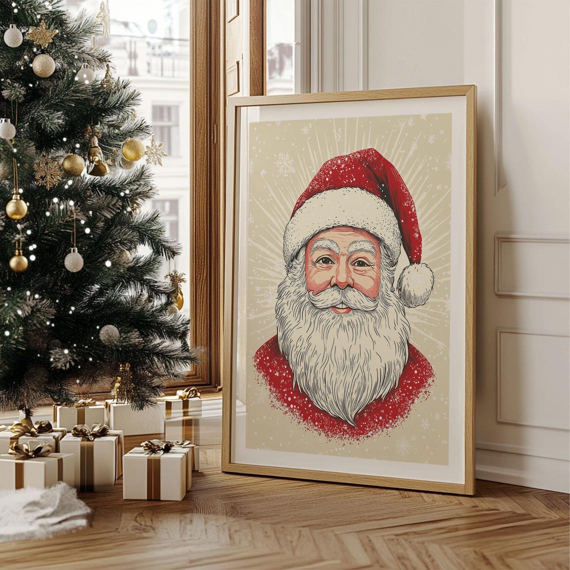 Vintage Santa Claus Portrait With Snowflakes Sunburst Holiday Poster - Image 4