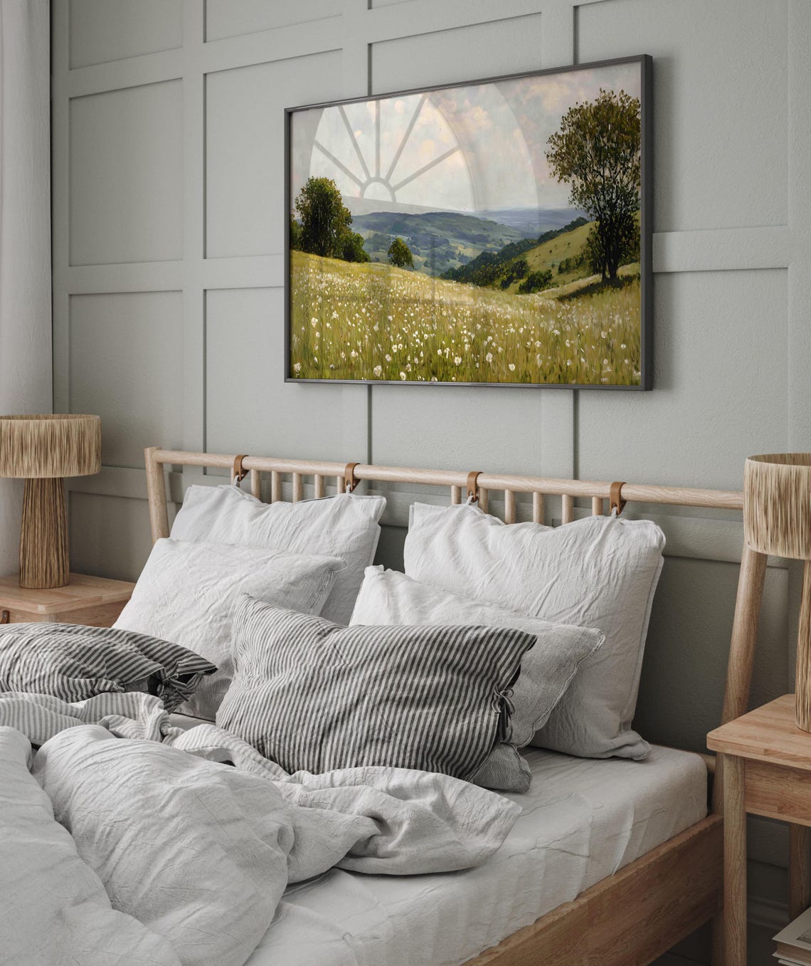 White Wildflower Meadow Rolling Hills Summer Landscape Oil Poster - Image 6