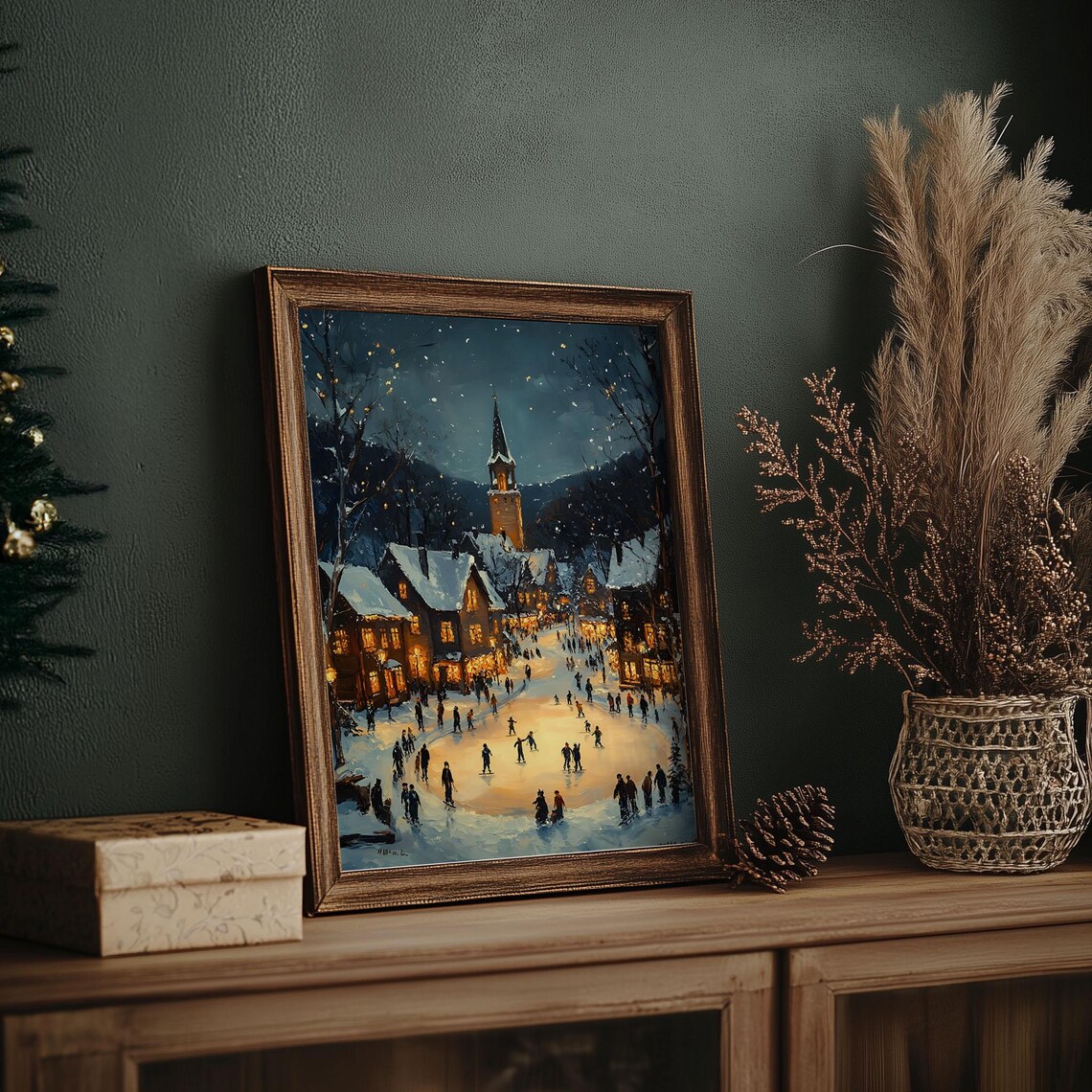 Village Ice Rink Night Church Tower Snowy Town Oil Painting Poster - Image 7