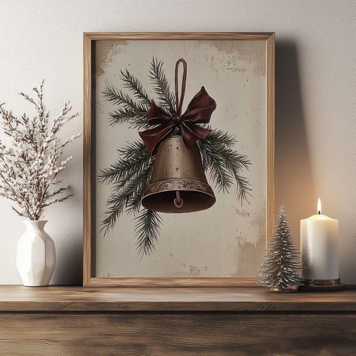 Antique Brass Bell With Burgundy Bow Pine Sprigs Rustic Poster - Image 7