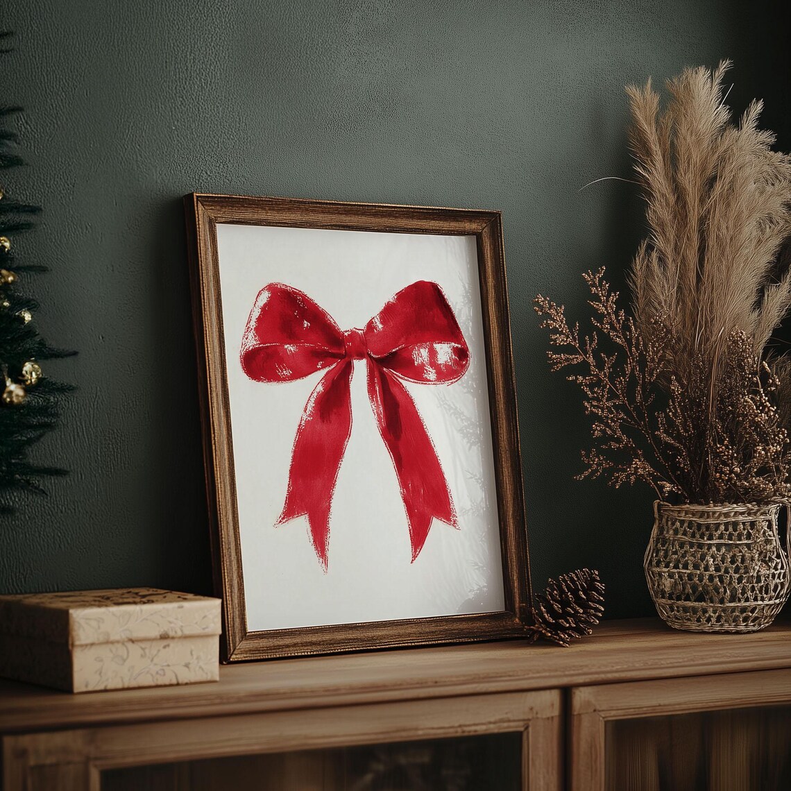 Bright Red Ribbon Bow Watercolor Painting Minimalist Wall Art - Image 7