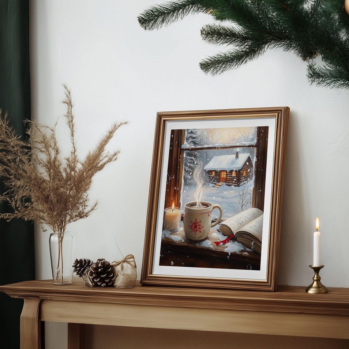 Cozy Cocoa Mug by Frosty Window Snowy Cabin View Winter Wall Art - Image 6