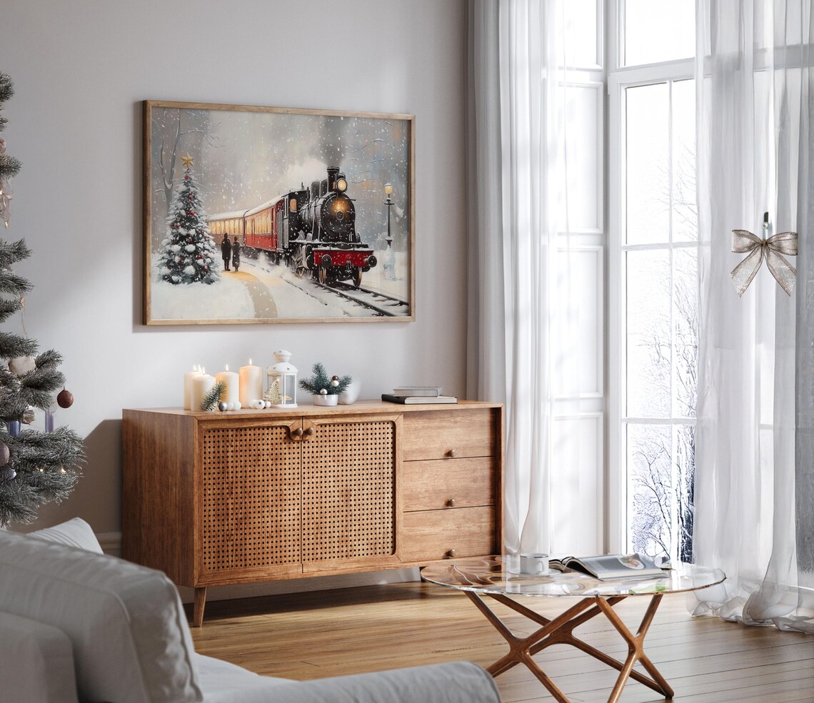 Vintage Steam Locomotive in Falling Snow Christmas Tree Poster - Image 7