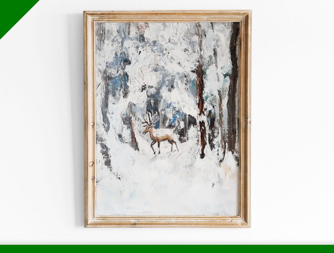 Impressionist Deer in Snowy Woods Heavy Texture Winter Art Poster