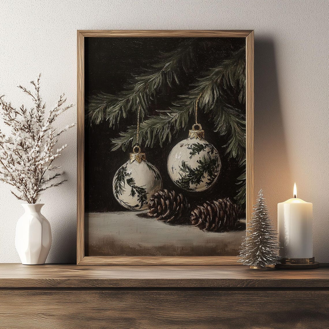 White Botanical Christmas Ornaments and Pine Cones Moody Poster - Image 6