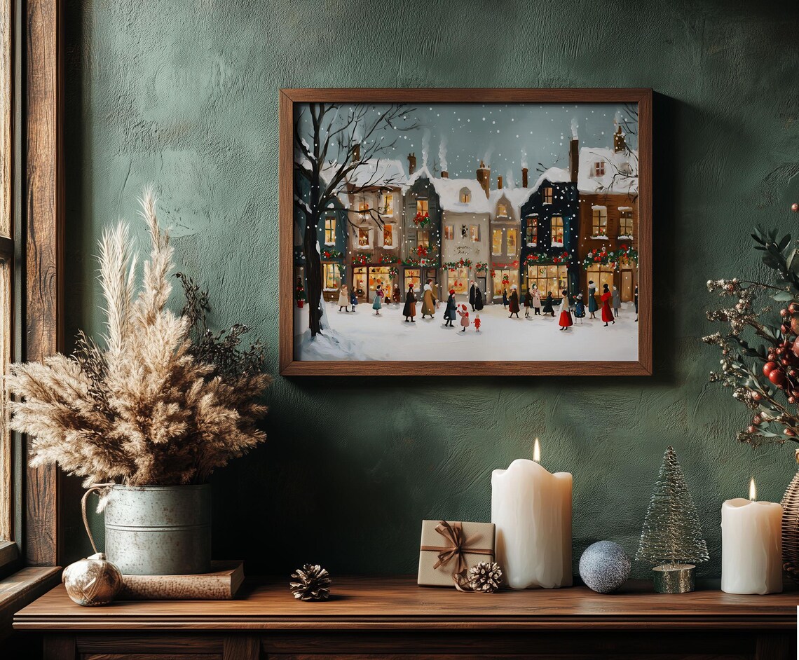 Snowy Christmas Village Shops Snowfall Night Oil Painting Poster - Image 6