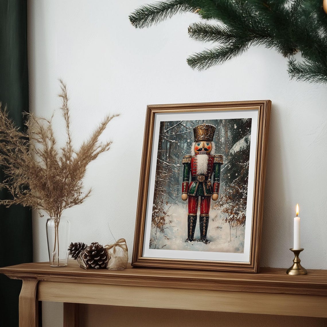 Tall Nutcracker Soldier Standing in Snowy Forest Christmas Poster - Image 4