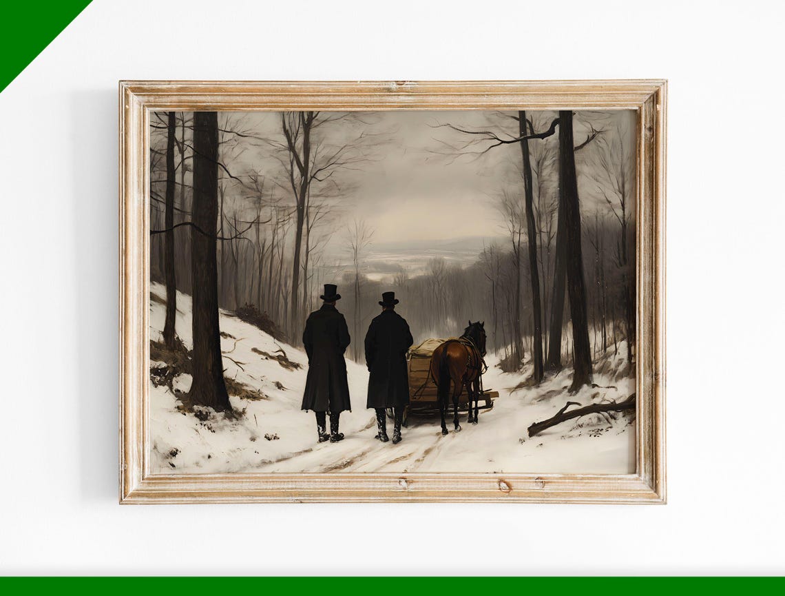 Victorian Gentlemen Horse Sled Snowy Forest Oil Painting Poster