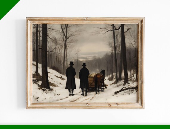 Victorian Gentlemen Horse Sled Snowy Forest Oil Painting Poster
