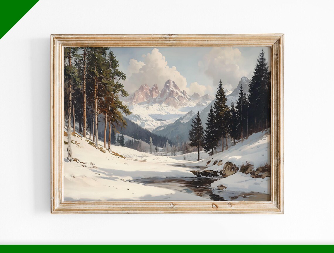 Winter Mountain Valley Stream Snowy Peaks Oil Painting Poster