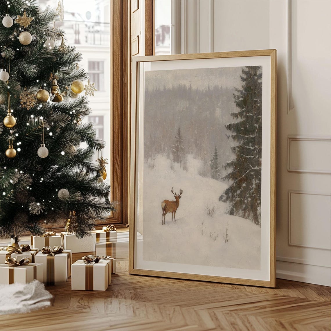 Lone Deer in Vast Misty Snowy Landscape Muted Winter Oil Poster - Image 2