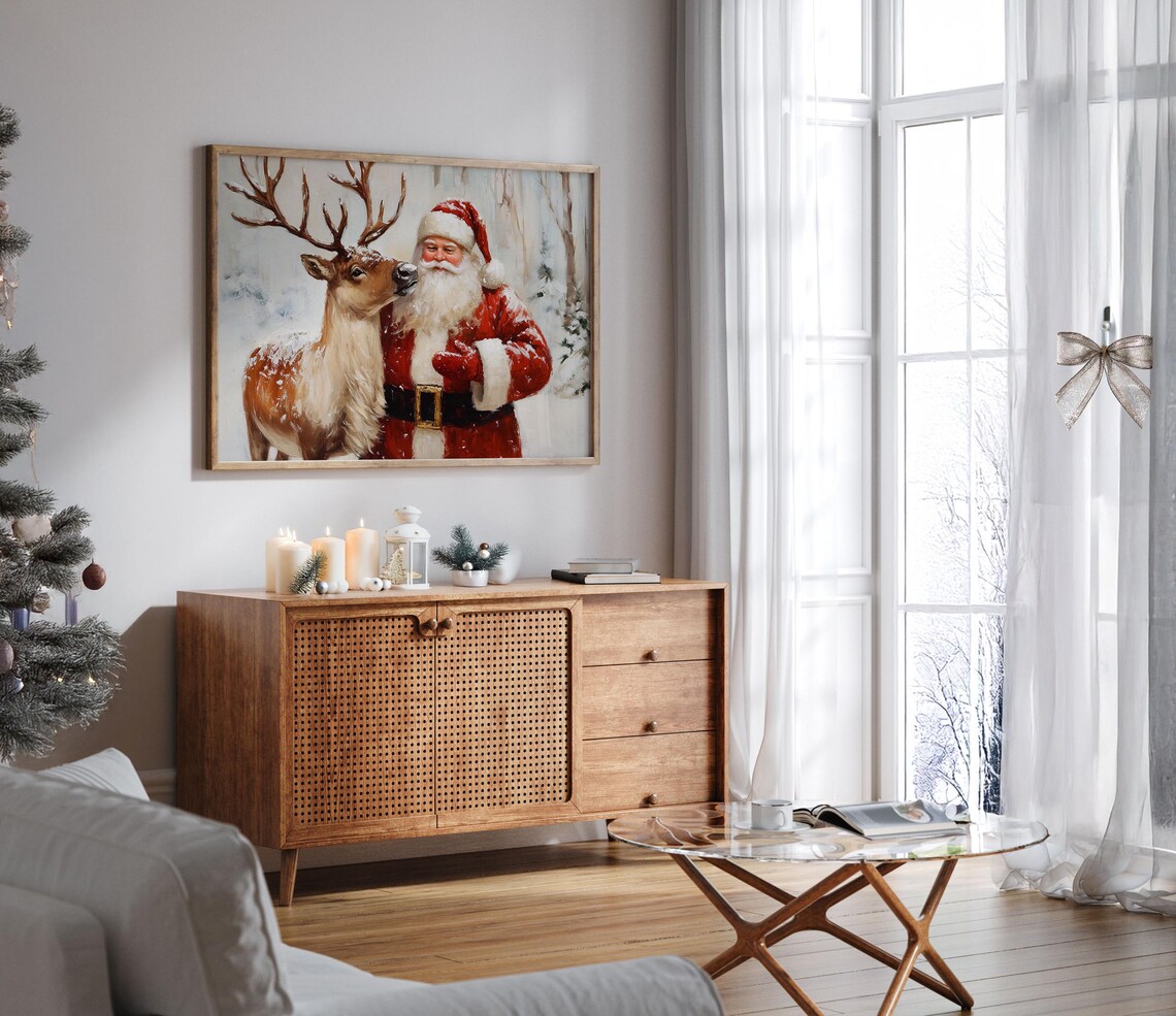 Santa Claus with Reindeer Nuzzling in Snowy Woods Christmas Poster - Image 7