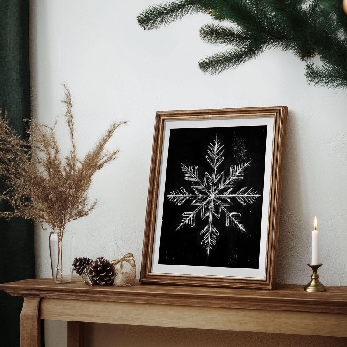 White Snowflake Chalk Drawing on Black Background Winter Poster - Image 6