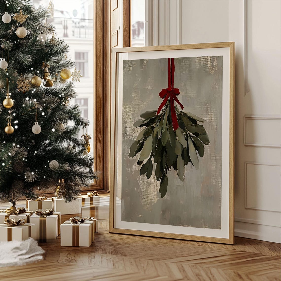Hanging Mistletoe Bunch Tied with Red Ribbon Minimal Winter Wall Art - Image 4