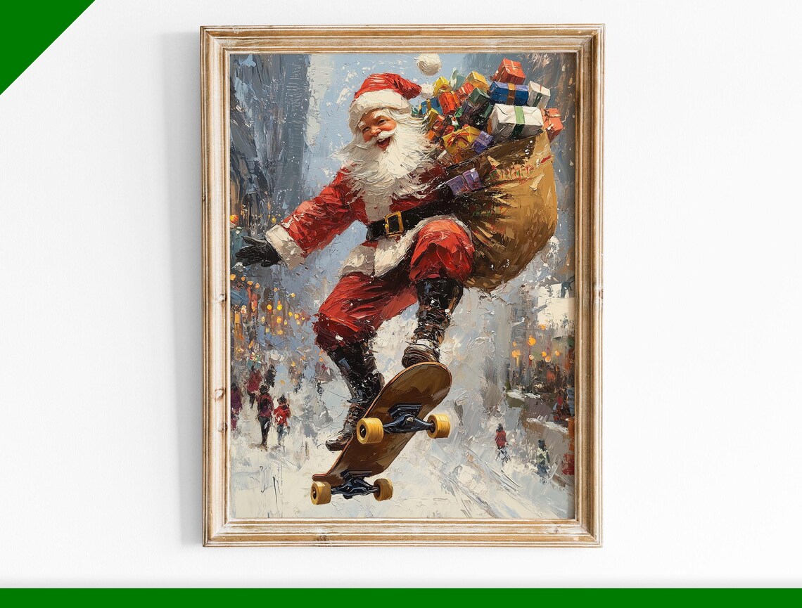 Cool Santa Claus Skateboard Jump with Gift Bag Snowy Street Poster