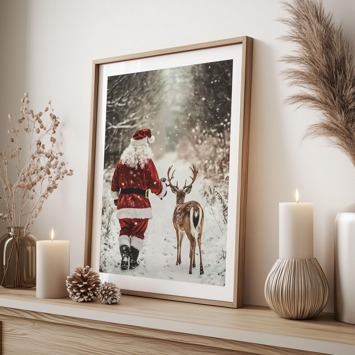 Santa Claus Walking with Deer in Snowy Forest Winter Scene Poster - Image 3