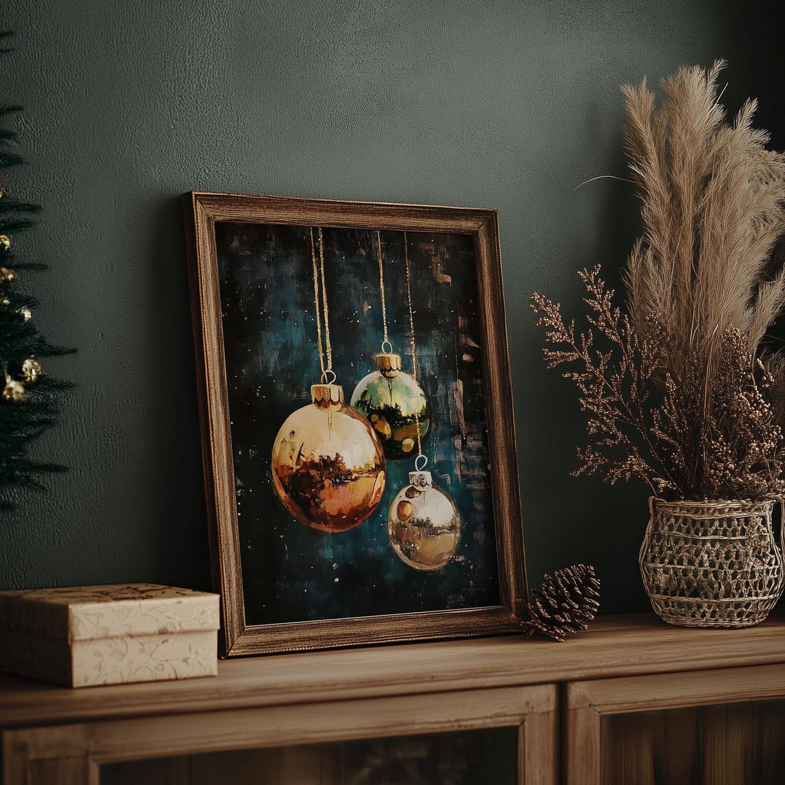 Metallic Gold Green and Silver Baubles on Dark Teal Christmas Poster - Image 7